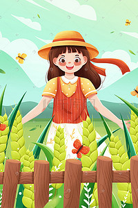 小麦清新插画图片_清新绿色二十四节气小满麦穗小麦蝴蝶女孩