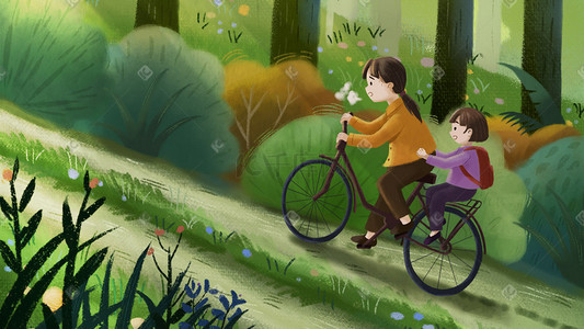 可自行填充插画图片_母亲节母亲骑自行车载孩子上学