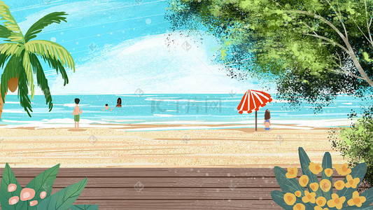 海边沙滩度假插画图片_小清新夏天海边沙滩度假植物花朵大海景色