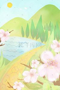 桃花树桃花插画图片_春天的风景桃花开了
