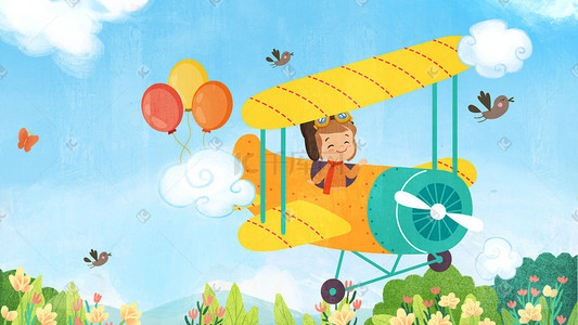 在中插画图片_夏天可爱男孩飞行在花丛中儿童插画