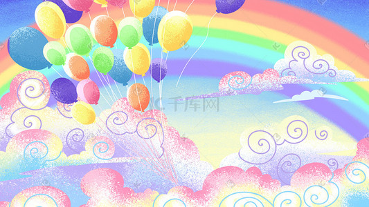 七色气球插画图片_天空中的彩虹和气球