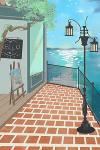 咖啡厅路灯插画图片_小清新海边治愈唯美咖啡厅景色