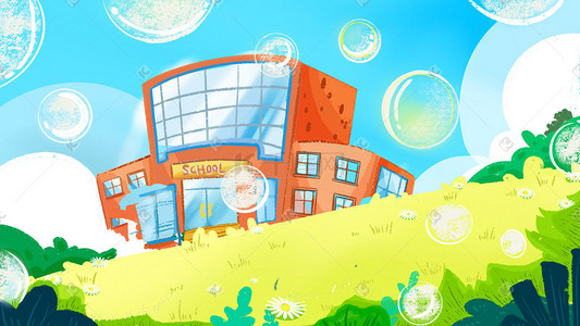 虚线气泡对话框插画图片_夏天小清新植物草地学校手绘气泡唯美景色