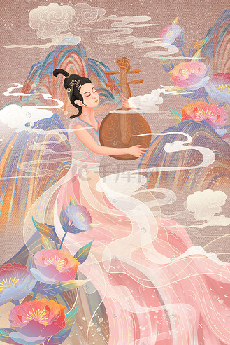 古典弹琴女子手绘图插画图片-千库网