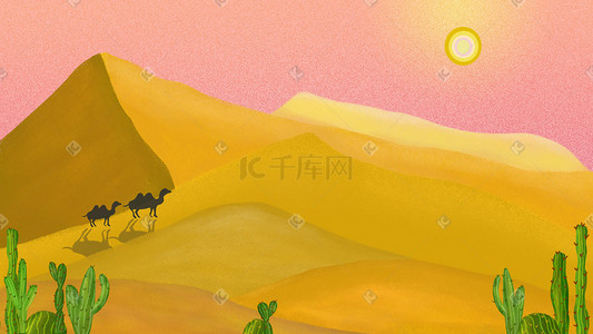 梨果仙人掌插画图片_骆驼行走在粉色夕阳下的仙人掌沙漠中