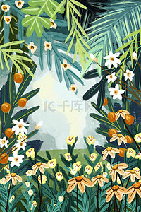 花朵草丛插画图片_小清新绿色植物花朵草丛手绘背景