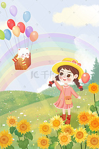 欢乐61插画图片_61儿童节六一儿童节彩虹可爱气球欢乐插画