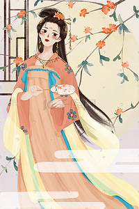 女子拉着行李箱插画图片_中国风汉服手持扇子女子