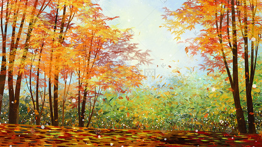 秋天枫林树林秋色手绘厚涂风景图