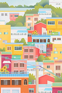 旅游城市建筑插画图片_糖果色清新意大利城市建筑