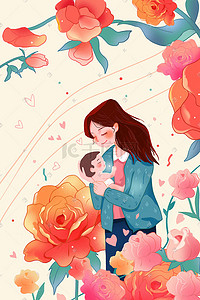 爱心母亲节插画图片_母亲节母亲温馨浪漫小清新鲜花爱心玫瑰