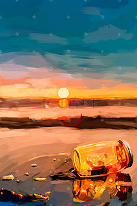 海边的插画图片_唯美海边夕阳下的漂流瓶梦幻