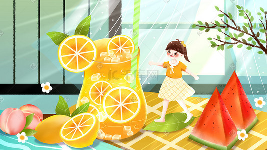 彩绘冰镇鸡尾酒插画图片_夏天窗前扁平冰镇柠檬汁水果可爱女孩