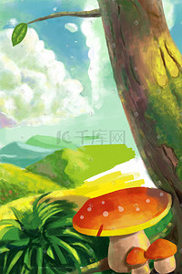 唯美绿色植物插画图片_小清新唯美绿色植物蘑菇卡通场景