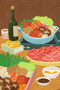神户牛肉插画图片_寿喜锅美食手绘插画