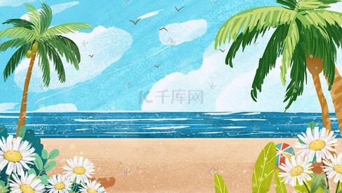 夏日海边唯美风景沙滩大海海鸥椰子树