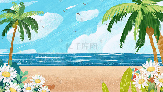 唯美度假插画图片_夏日海边唯美风景沙滩大海海鸥椰子树