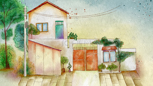 水彩建筑老家的房子手绘插画