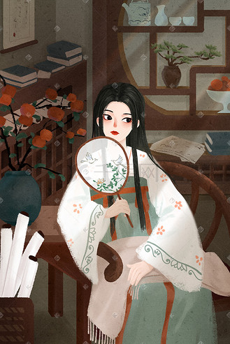 古代室内场景图片素材_唐朝中国风汉服手持扇子女子