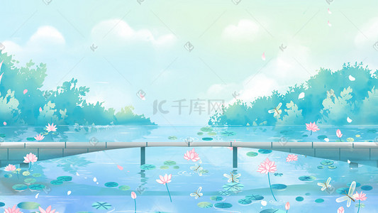 蓝色绿色唯美卡通小清新治愈夏季风景配图