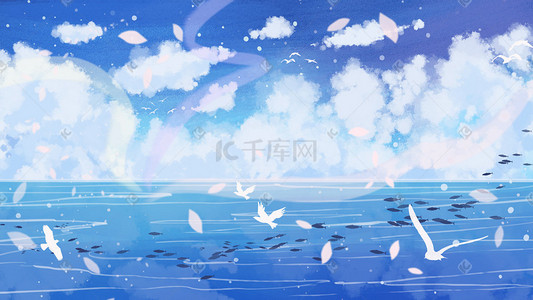 蓝色天空天空插画图片_小清新蓝色天空大海唯美治愈海鸥场景
