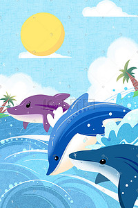 可爱小海豚插画图片_蓝色系卡通手绘风儿童插画大海海豚
