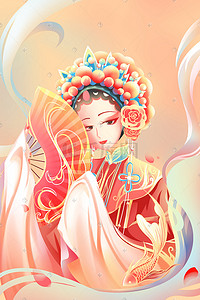 卡通唯美女插画图片_京剧戏曲人物红色卡通唯美插画