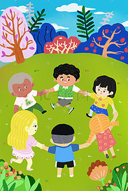 六一儿童节可爱孩子绿色草地手拉手玩耍