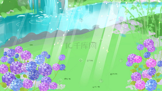 池塘瀑布插画图片_小清新夏天草地花朵池塘山水景色