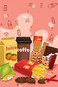 玻璃瓶可乐插画图片_小清新零食手绘可乐果汁薯条饼干美食