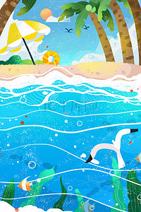 海鸥插画图片_夏天海岛沙滩海边厚涂风景插画