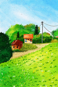 夏天水彩风插画图片_夏天水彩风绿色系房子树木电线杆清新