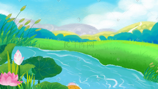 湖水唯美插画图片_夏天郊外野外暖暖的夏天唯美河边景色