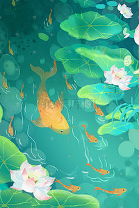 荷叶荷花鱼插画图片_夏天的池塘荷花和鱼群