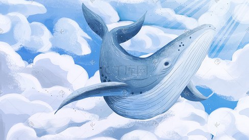 蓝色天空中的鲸鱼手绘