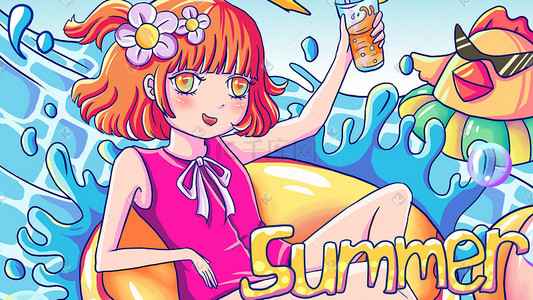 原创夏日海边游泳插画海报