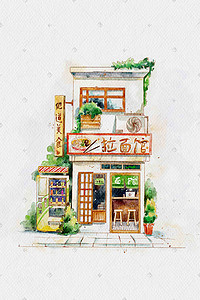 部队餐馆插画图片_水彩建筑面馆插画