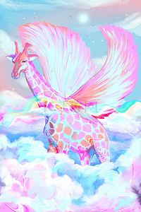 唯美梦幻糖果色飞翔的长颈鹿手绘插画