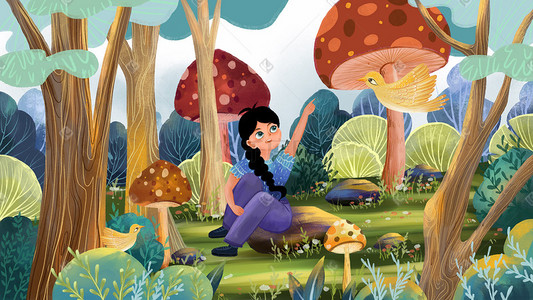 夏天小姑娘插画图片_夏天儿童绘本采蘑菇的小姑娘