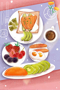 小清新食物水果插画图片_早餐面包荷包蛋水果手绘小清新美食