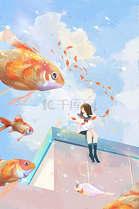 唯美简约天空插画图片_夏天日系唯美治愈天空金鱼水手服少女插画