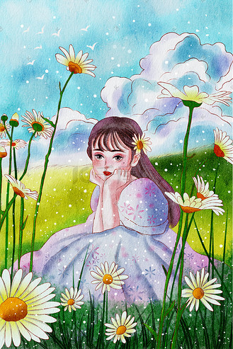 水彩水墨风夏天风景小女孩雏菊彩色插画