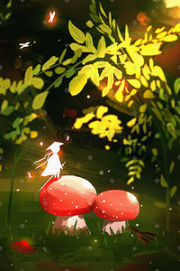 暖色调小清新插画图片_绿色系暖色调夏天治愈唯美风梦幻蘑菇丛林