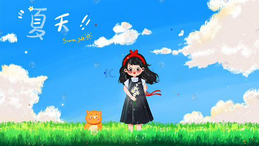 草地猫咪插画图片_夏天绿色系清新卡通女孩花朵草地猫咪蓝天白