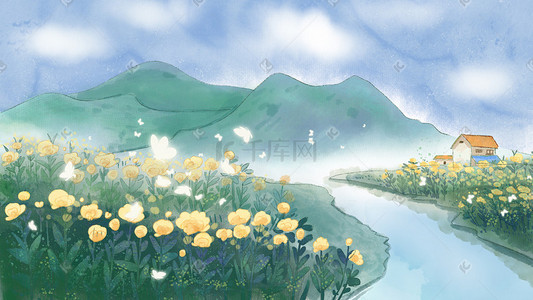 水彩背景插画图片_水彩花卉水彩背景唯美风景花海田园河流小屋