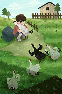 农场机器插画图片_夏日农场小动物的欢乐