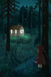 下雨的草地插画图片_夜晚森林中迷路的小孩