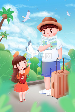 夏日旅行记出门游玩夏季海边妇女亲子插画