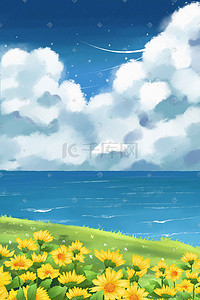 花海场景插画图片_海边厚涂风格场景治愈插画手绘